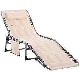 Folding Chaise Lounge Chair, Outdoor Padded Reclining Chair with 5-position Adjustable Backrest, Pillow and Pocket for Patio, Beach, Beige