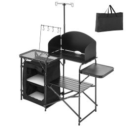 Camping Kitchen Table, Outdoor Camp Cooking Table, Aluminum Portable Cook Station with Storage Cupboard, Carrying Bag, Detachable Windscreen