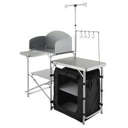 Camping Kitchen Table, Folding Outdoor Cooking Table with Storage Carrying Bag, Aluminum Cook Station 1 Cupboard & Detachable Windscreen