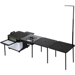 Outdoor Mobile Kitchen, Portable Multifunctional Camp Box with Wheels All in One Integrated Cooking Station with Windproof Stove