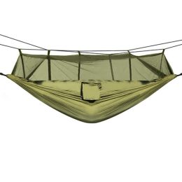 Portable Nylon Swing Hanging Bed Outdoor Hiking Camping Hammock (Color: Army Green, Type: Hammock)