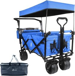 Collapsible Wagon Heavy Duty Folding Wagon Cart with Removable Canopy, 4" Wide Large All Terrain Wheels, Brake, Adjustable Handles (Color: Blue)